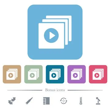 Play files solid flat icons on color rounded square backgrounds Illustrazione stock
