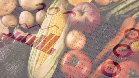 On play flat-lay produce drawing in animated charts, bars, markers, binary text Stock Footage 332956153