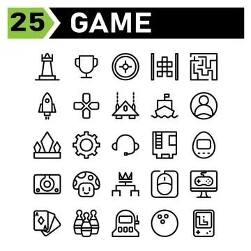 Play Game icon set include chess, game, strategy, piece, player, trophy, cham Stock Illustration