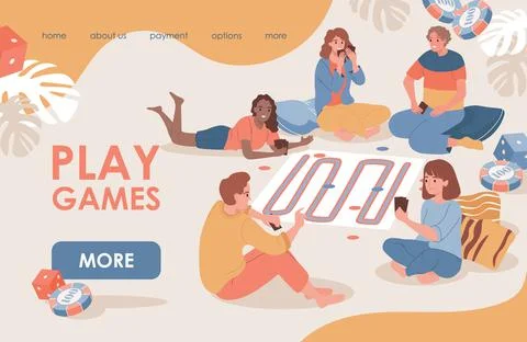 Play games vector flat landing page template. Happy smiling friends, men and Stock Illustration