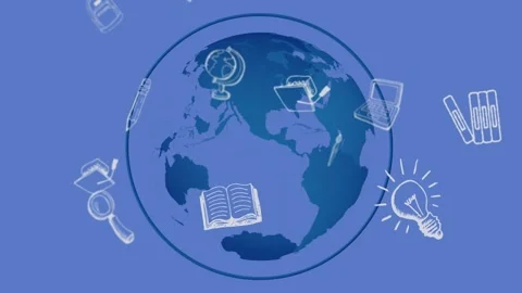 On play globe centered, study icons orbiting clockwise, fading, zooming, showing Video stock 328446488