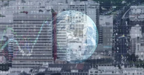 On play globe centering city, binary scrolling, graph tracing dip and recovery, Stock Footage 328331118