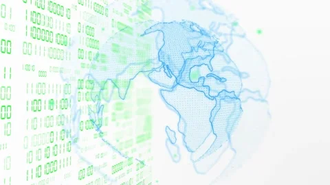 On play globe mesh dots animating as camera orbiting equator showing half globe Video stock 335732066