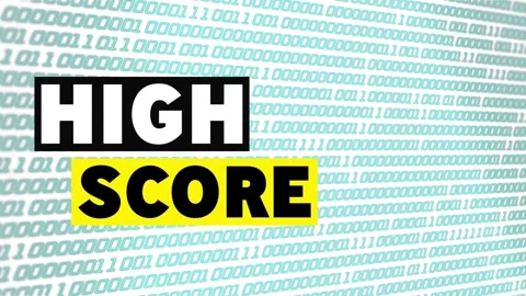 On play HIGH SCORE bars assembling, then shifting into squares over teal binary Stock Footage 334728995
