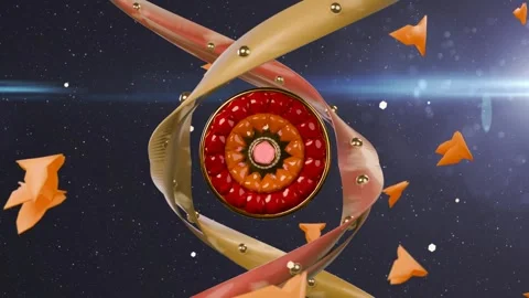 On play hub rotating while ribbons twisting into double helix, shards drifting, Stock Footage 339448622