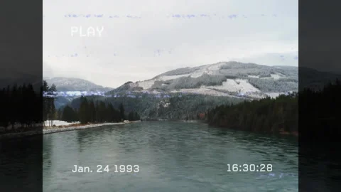 PLAY icon and timecode overlay advancing river rippling glitch drifting over Stock Footage 313757852