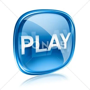 Play icon blue glass, isolated on white background Stock Illustration