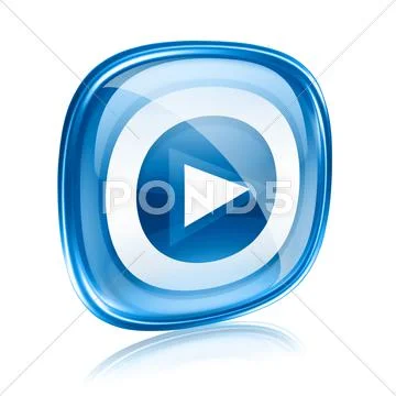 Play icon button blue glass, isolated on white background. Stock Illustration