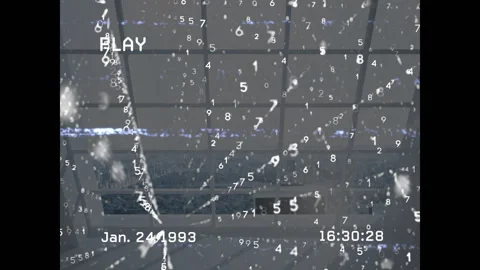 PLAY icon flashing and numeric particles glitching regrouping in flat design to Stock Footage 314174529