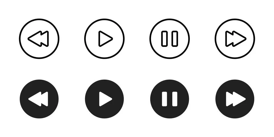 Play icon set. Media control buttons with rewind, play, pause and forward i.. Illustrazione stock