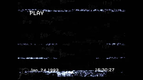 PLAY icon starting glitch bars flickering sliding revealing formulas under Stock Footage 310141034