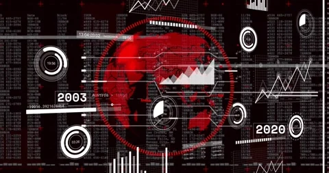 Play icon starting globe rotating, dashed ring pulsing, HUD charts updating, Stock Footage 331872243