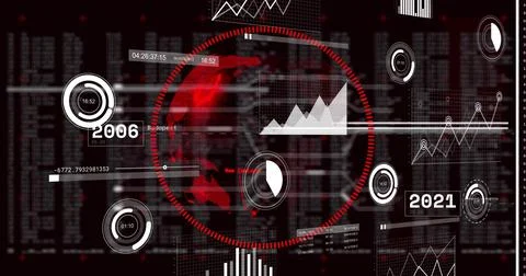 Play icon starting globe rotating, dashed ring pulsing, HUD charts updating, Stock Illustration
