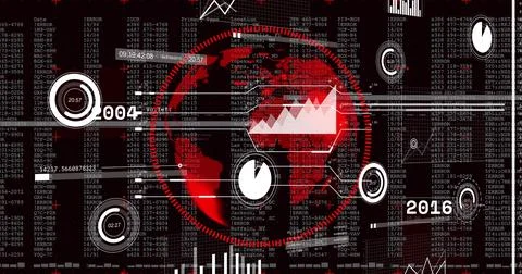Play icon starting globe rotating, dashed ring pulsing, HUD charts updating, Stock Illustration