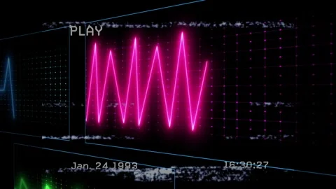 PLAY indicator starting playback, neon panels animating, rearranging to reveal 스톡 동영상 329835944