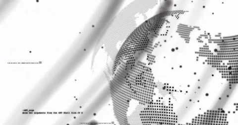 Play initiating halftone globe rotating inward, emitting data points and Stock Illustration