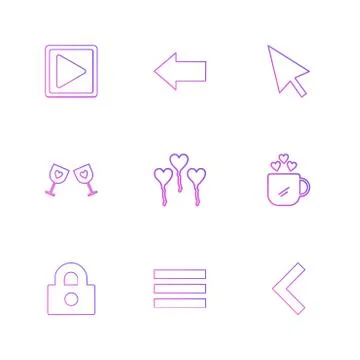 Play, left , pointer , glasss , heart , cup , lock , menu , left arrow , eps  Stockillustratie