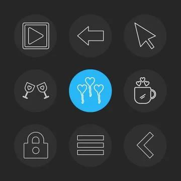 Play, left , pointer , glasss , heart , cup , lock , menu , left arrow , eps  Stock Illustration