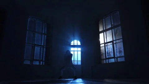 Play light and shadow in girl dance in moonlight. Silhouette Stock Footage