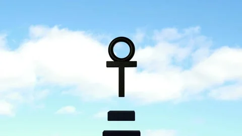 On play, lower blocks rising, aligning under T, forming symbol against blue sky Stock Footage 338356307