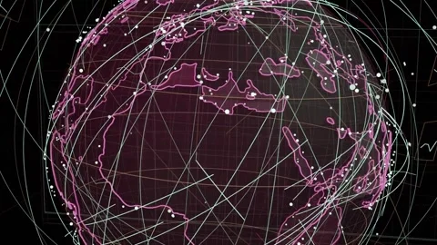 On play mesh globe rotating, tilting; nodes moving, labels showing network Stock Footage 334727156