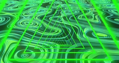 On play neon green triangle wireframe holding, cyan contours drifting and glints Stock Footage 329700822