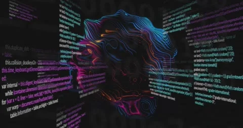 On play neon sculpture rotating while code panels sliding, scrolling forming Stock Footage 333900625