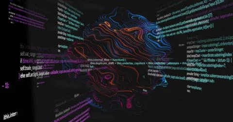 On play neon sculpture rotating while code panels sliding, scrolling forming Stock Illustration