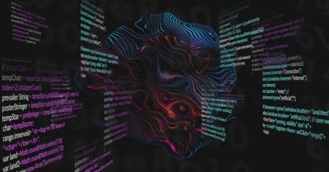 On play neon sculpture rotating while code panels sliding, scrolling forming Stock Illustration