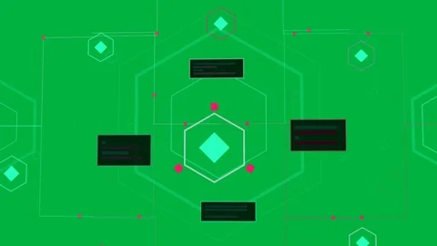 On play node growing panels moving magenta dots orbiting forming data UI on Video stock 333907695