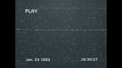 Play overlay appearing, binary digits drifting while timestamp advancing Stock Footage 314657378