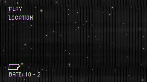 PLAY overlay initiating playback, particles drifting under VHS scanlines for 스톡 동영상 335651829
