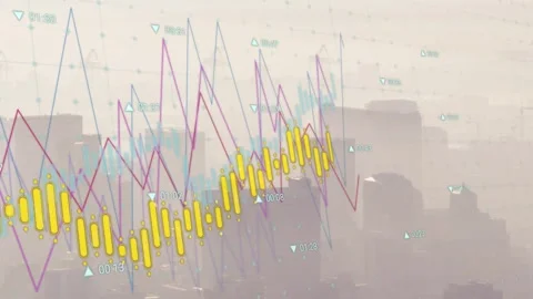 On play, overlay showing spiking lines, moving yellow candles for market trends Stock Footage 333720438
