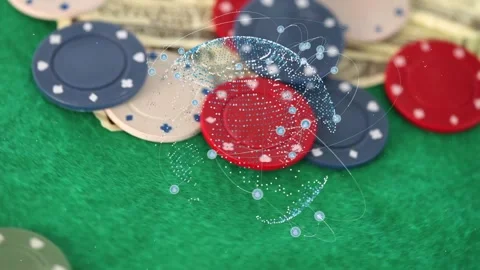 On play overlay sphere moving over chips and cash while camera panning, Stock Footage 337913068
