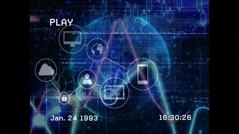 PLAY overlay starting, timecode ticking, dotted globe building linked icons, Video stock 329899693