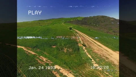 PLAY overlay starting VHS recording showing green fields glitching cam panning 库存影片 313758000