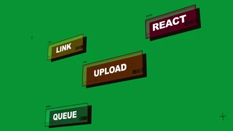 On play panels labeled UPLOAD LINK QUEUE REACT sliding into staggered UI grid Stock Footage 329531754