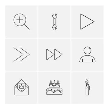 Play,  pencil ,  cake , user interface icons , arrows , navigation , eps icon Stock Illustration