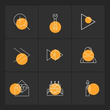 Play,  pencil ,  cake , user interface icons , arrows , navigation , eps icon Stock Illustration