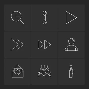 Play,  pencil ,  cake , user interface icons , arrows , navigation , eps icon Stock Illustration