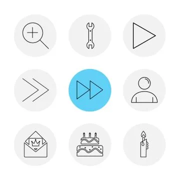 Play,  pencil ,  cake , user interface icons , arrows , navigation , eps icon Illustrazione stock