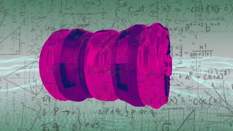 On play, pink rotor rotating, revealing fan over math sketches and light band, Stock Footage 333033827