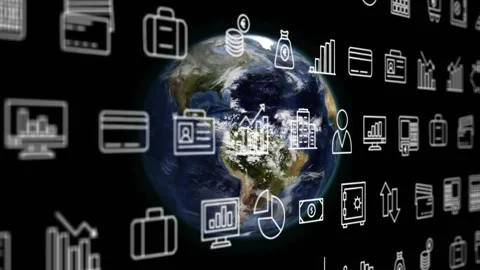 On play planet Earth rotating while finance icons sliding in parallax, showing Stock-Footage 329575819