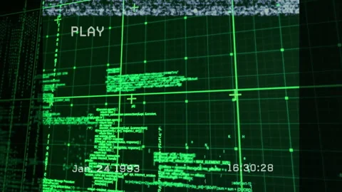 On play PLAY+ appearing, clock counting seconds, grid code shifting amid static Stock Footage 311417202