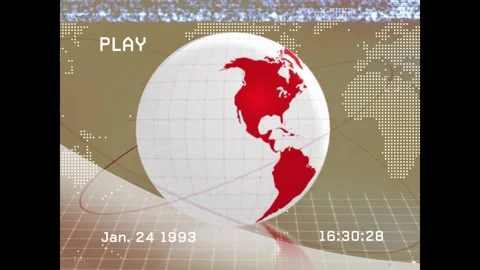 PLAY press starting playback, rotating globe sweeping red ribbon, reflecting on Stockbeeldmateriaal 328285726