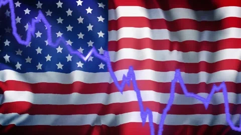 On play purple line tracing diagonal across US flag, folds rippling to show Stock Footage 335651654