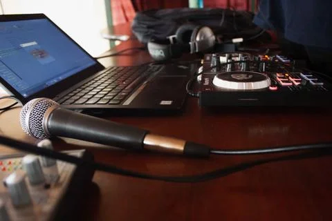 Play records for dj on table ready to be used at an event in colombia Stock Photos