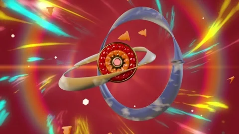 On play red core with blue torus and beige ribbon rotating while camera Stock Footage 339448498