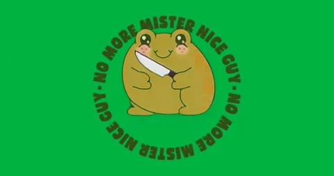 On play rotating NO MORE MISTER NICE GUY ring flickering aura frog holding knife Stock Footage 317284867