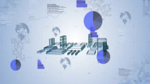 On play schematic shifting into wireframe city, camera orbiting, charts showing Stock-Footage 334178853